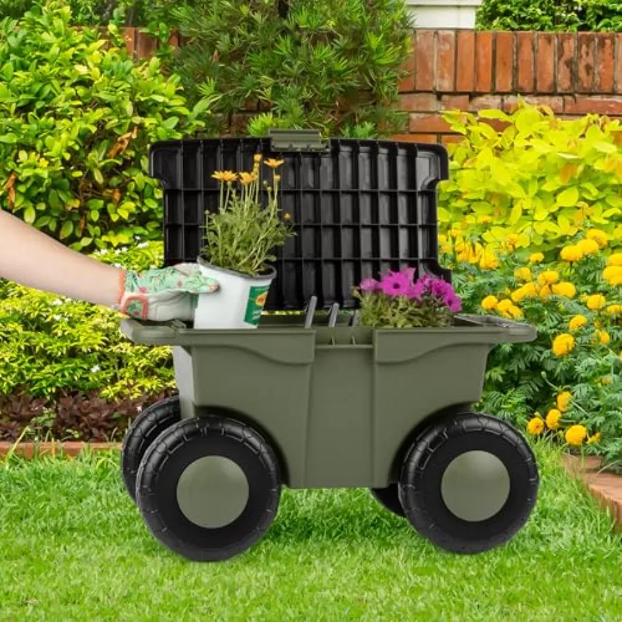 Rolling Garden Cart with Seat for outdoor use, polypropylene material, green color, foldable and ergonomic design