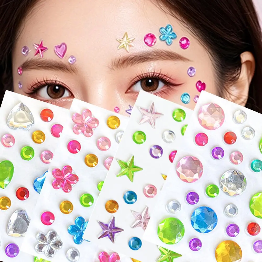 4Sheets 3D Random Colors Rhinestone Face Stickers 4.6*6.1cm Self Adhesive Round Star Flower Gem Tattoo Decal DIY Face Body Jewel