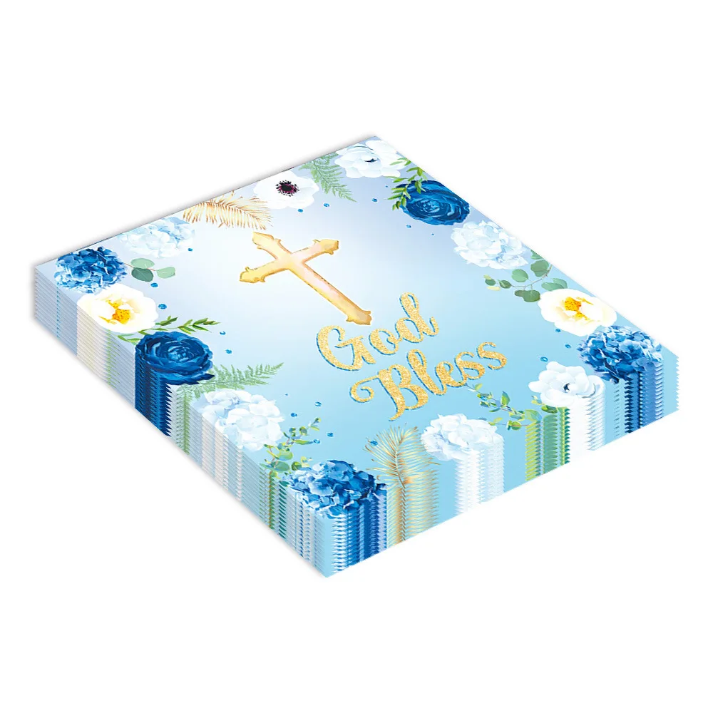 Faith-Religious Napkins, Cross Paper Napkins, God Bless Flower, Disposable, First Communion, Holy Christening, Blue