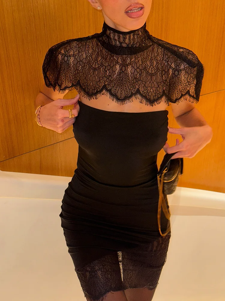 CNYISHE Strapless Solid Lace Patchwork Women Dresses Sheath Sexy Club Hip Wrap Bodycon Vestidos Female Outfits Party Chic