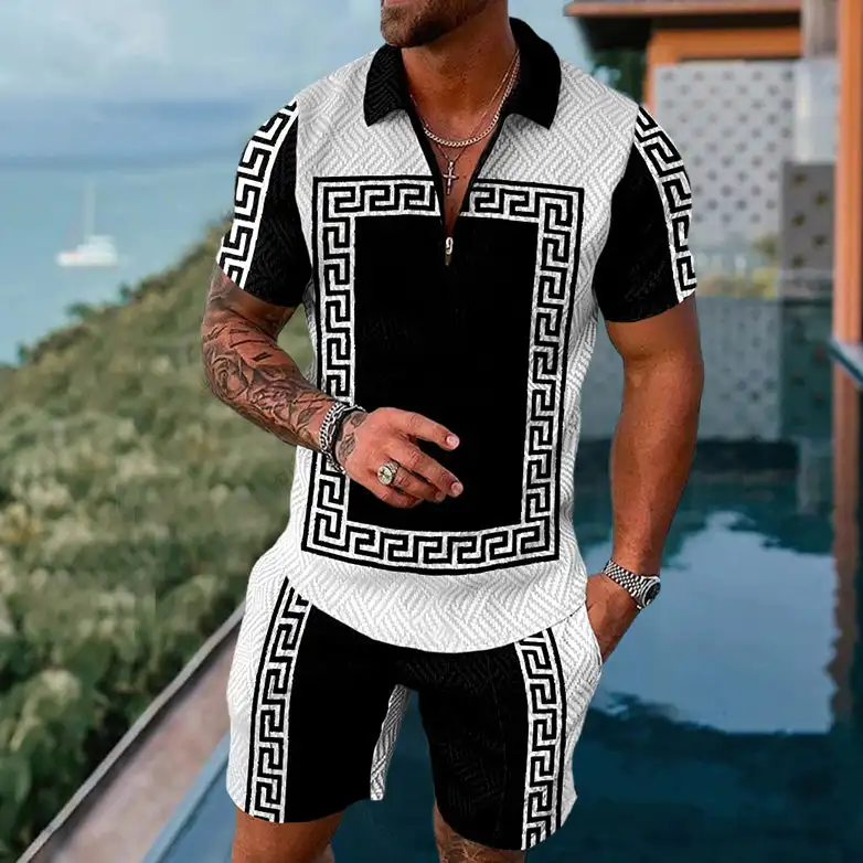 Simplicity Retro Pattern Trend Zipper Collar Men\'s T-shirt Sets Summer Casual Shirt Shorts 2 Piece Set Fashion Clothes Tracksuit