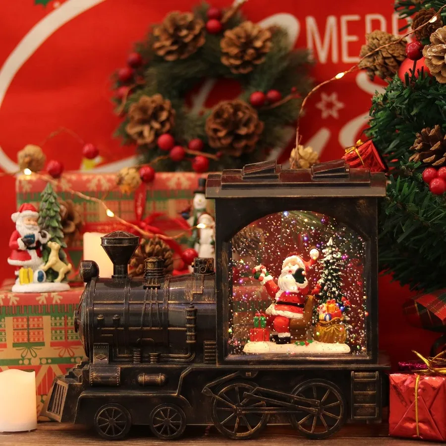 فانوس كرة ثلج مضاء لعيد الميلاد يعمل بالبطارية مع أضواء LED لقطار سانتا كلوز الموسيقية وتأثير لامع للمياه 6 ساعات