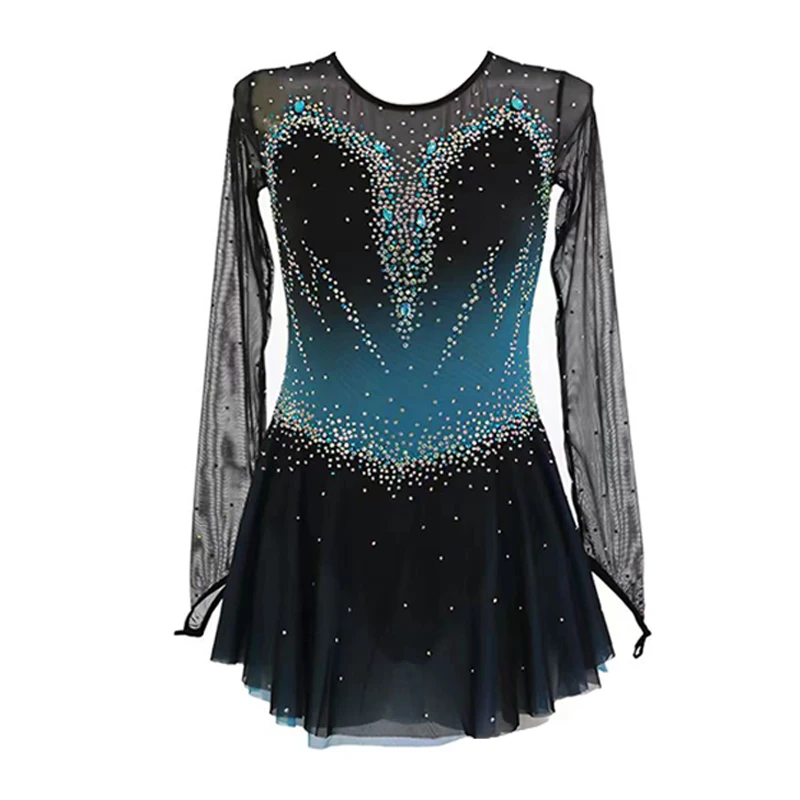 Gradient Rhinestone Figure Skating Dress Long Sleeve Sheer Mesh Ice Skating Costume Women Girls Ballet Lyrical Dance Wear