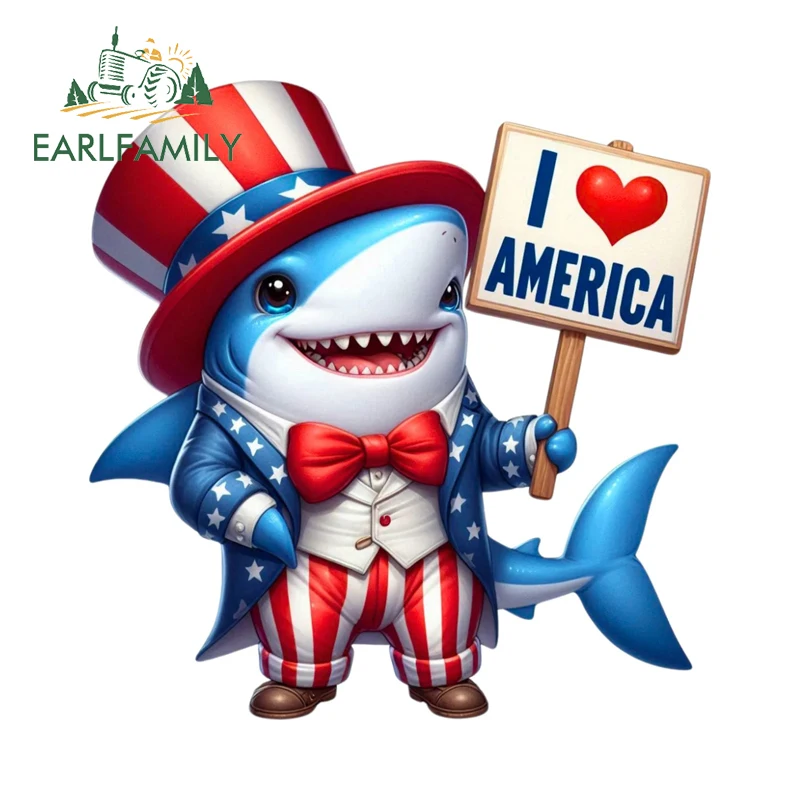 

EARLFAMILY Shark Holding I Love American Brand Car Sticker Funny Animal Occlusion Scratch Laptop Decal Waterproof Toolbox Decor