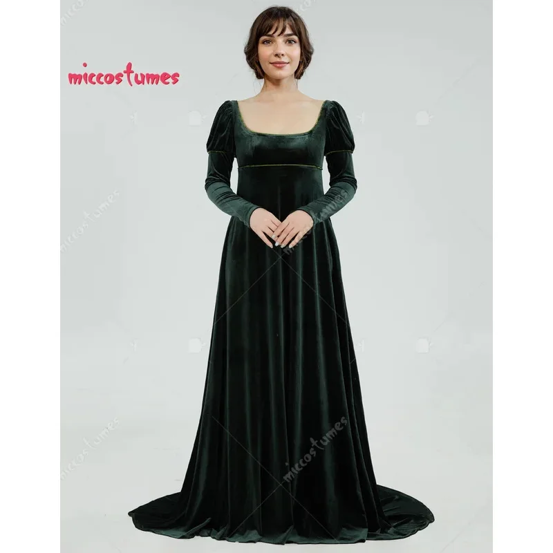 

25COSmiccostumes Women's Medieval Renaissance Dress Queen Princess Cosplay Costume Court Style Low Neck Green Velvet Long Gown