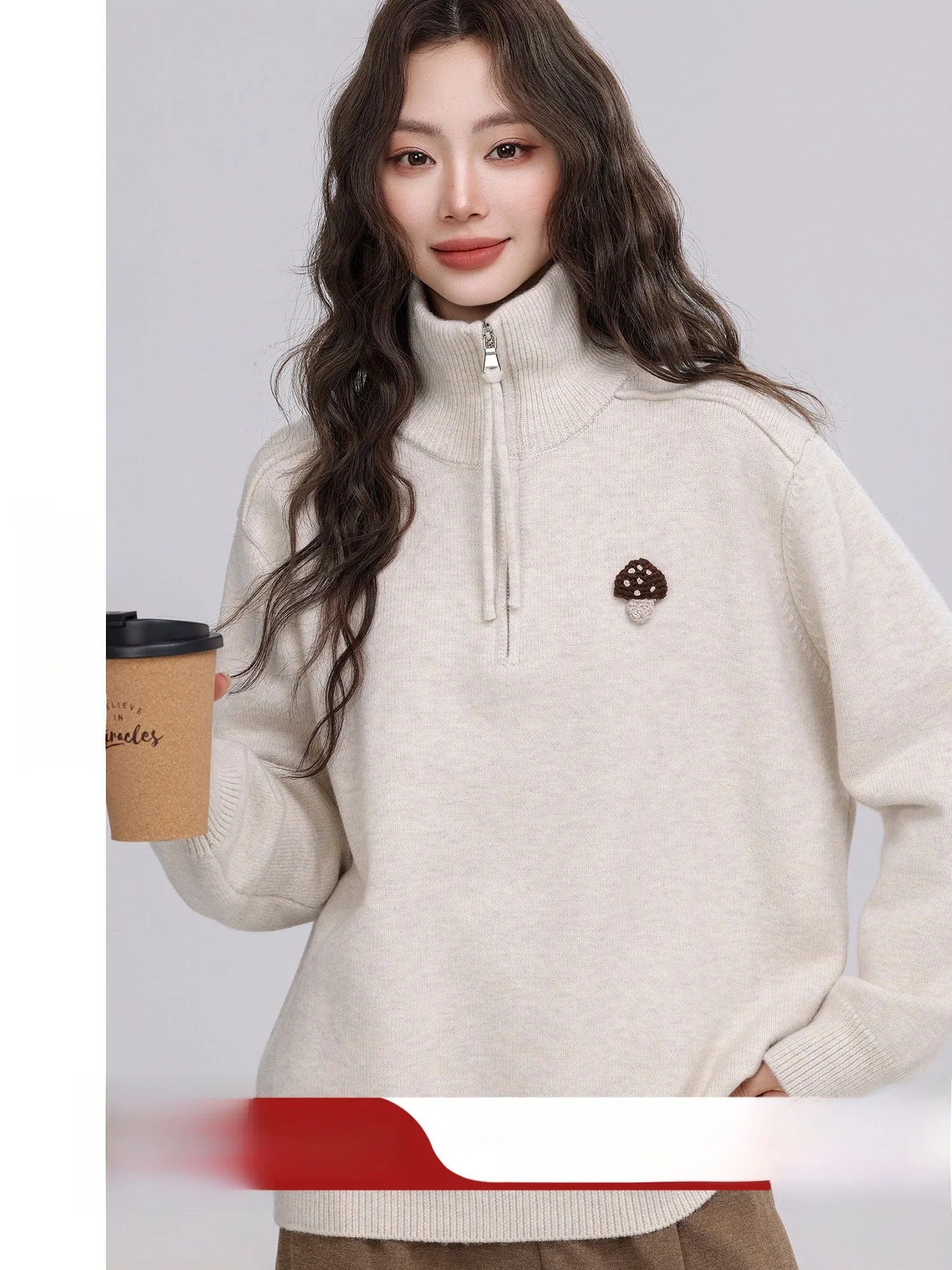 

Loose Female Sweater with Zipper Mushroom Hook Flower Stand Collar Long Sleeve Fine Yarn Regular Fit Spring New Arrival