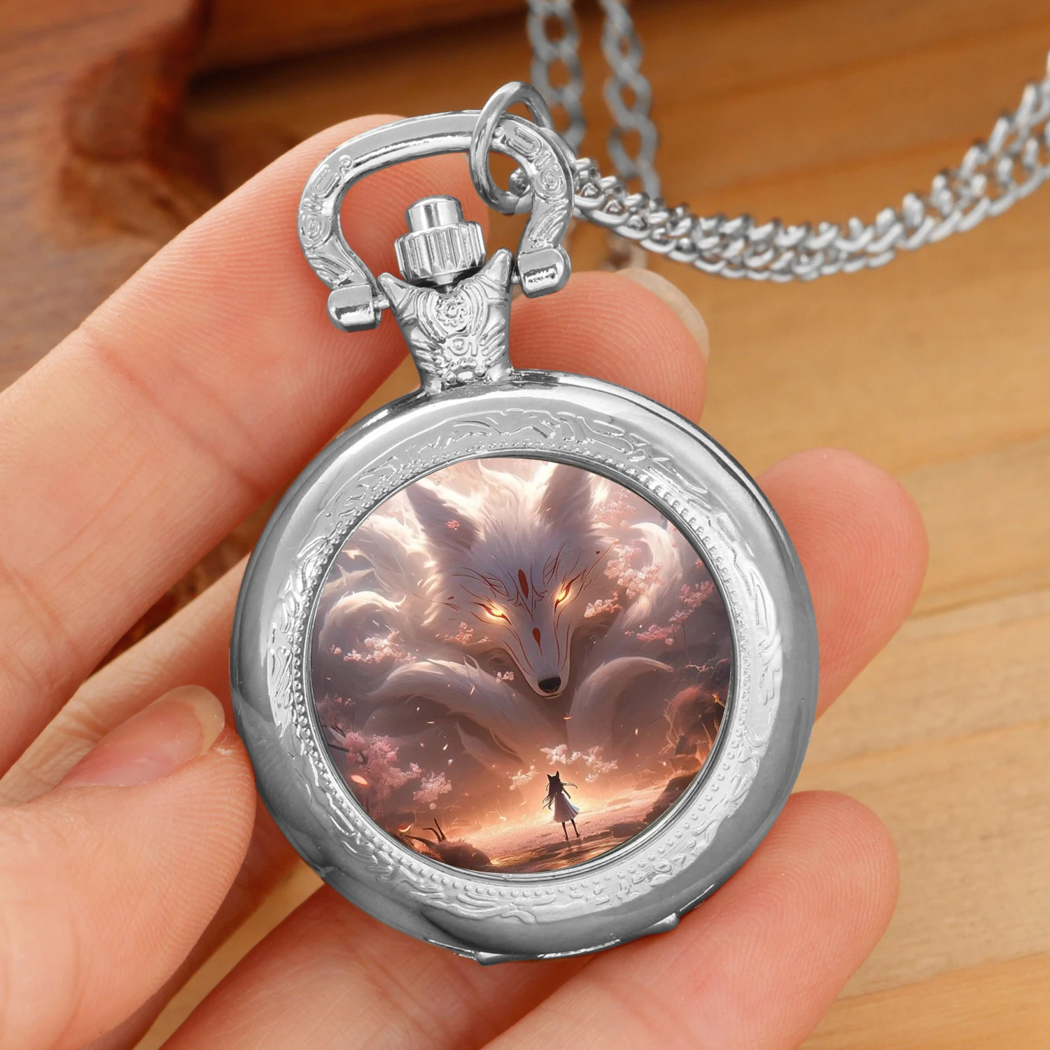 Новые персонализированные модные серебряные часы из нержавеющей стали Aniem Fox со стеклянным куполом, кварцевые карманные часы, ожерелье, женские ювелирные изделия, кулон-цепочка