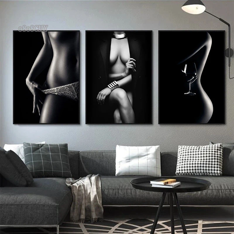 Modern Fashion Sexy Woman Body Art Canvas Painting Black and White Character Posters Print Canvas Wall Art for Living Room Decor