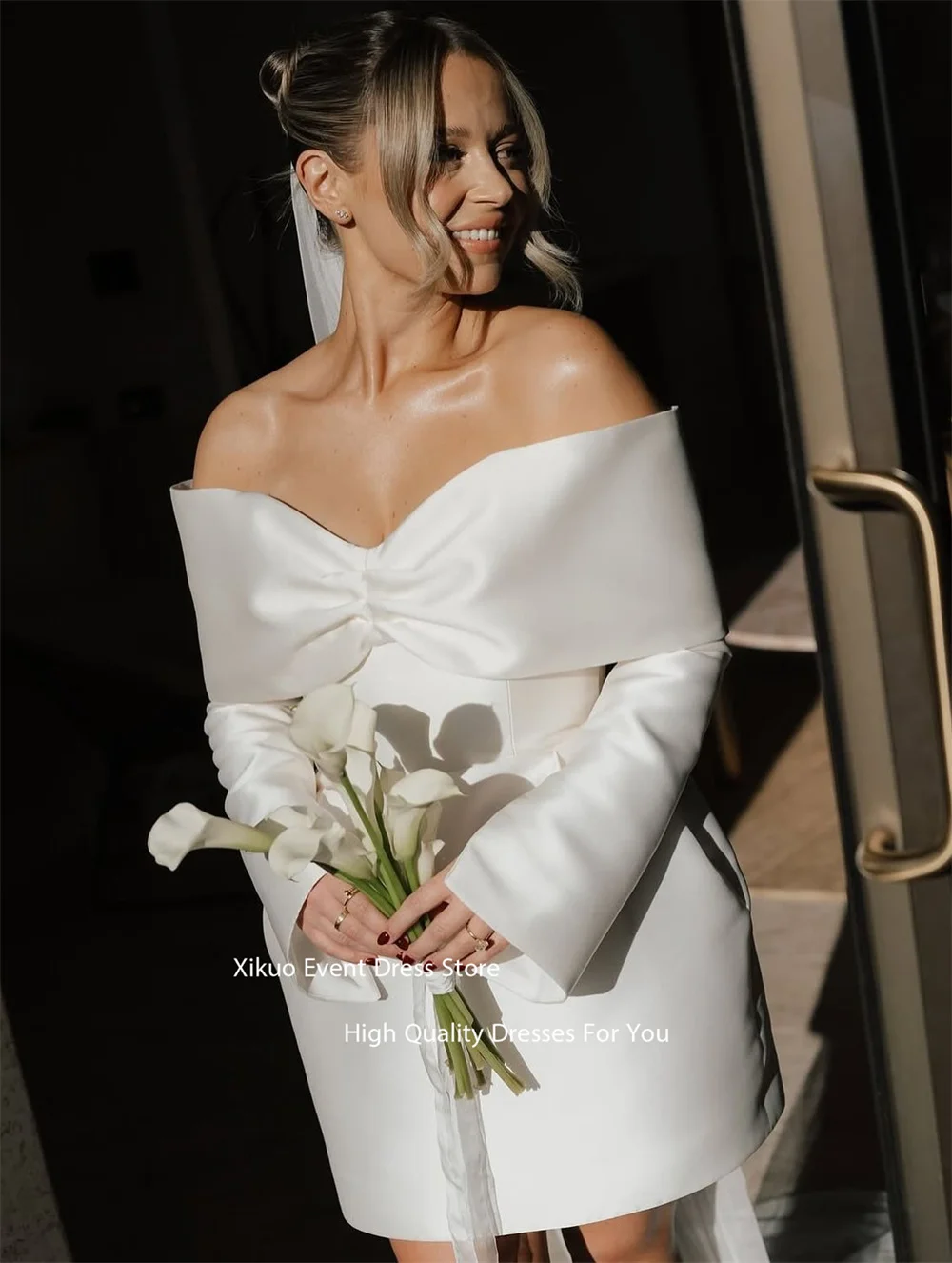 فساتين زفاف Xikuo بدون أكتاف مدنية أنيقة بفيونكة فساتين سهرة بسيطة الطول رداء De Soiree De Mariage مخصص