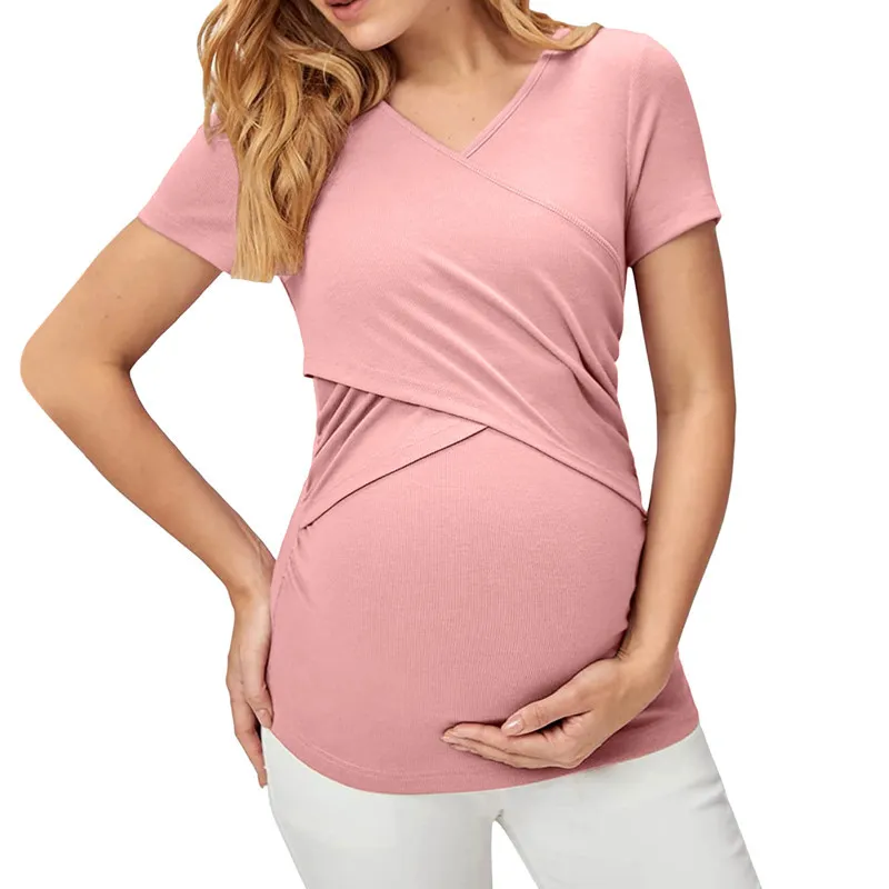 Summer Maternity Tops Women Pregnancy Short Sleeve T-Shirts Casual Tees for Pregnant Elegant Ladies Folds Top Women Clothes