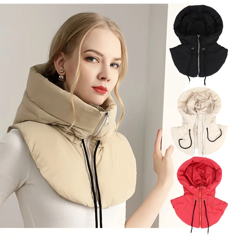 

Outdoor Windproof Cape Fake Collar Stylish Hooded Windbreaker with Detachable Fake Collar Shawl with Integrated Winter Hat