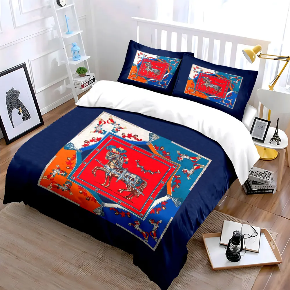 Vintage Carriage Horse Scarf Print Duvet Cover Set,Royal Border Equestrian Bedding Includes 1 Duvet Cover And 2 Pillowcase,Gift
