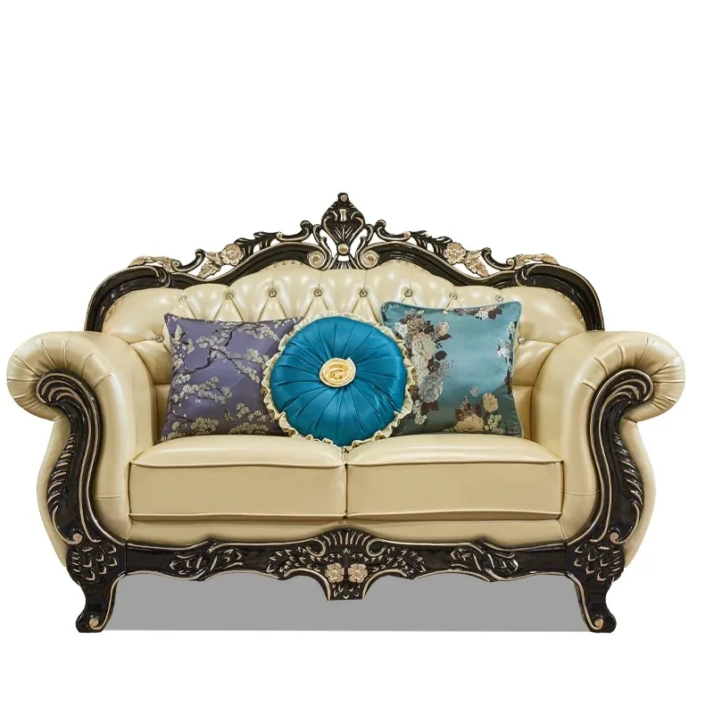 European Genuine Leather Sofa Solid Wood Frame with Hand Carving Craft for Apartments Living Room Hotels and Villas