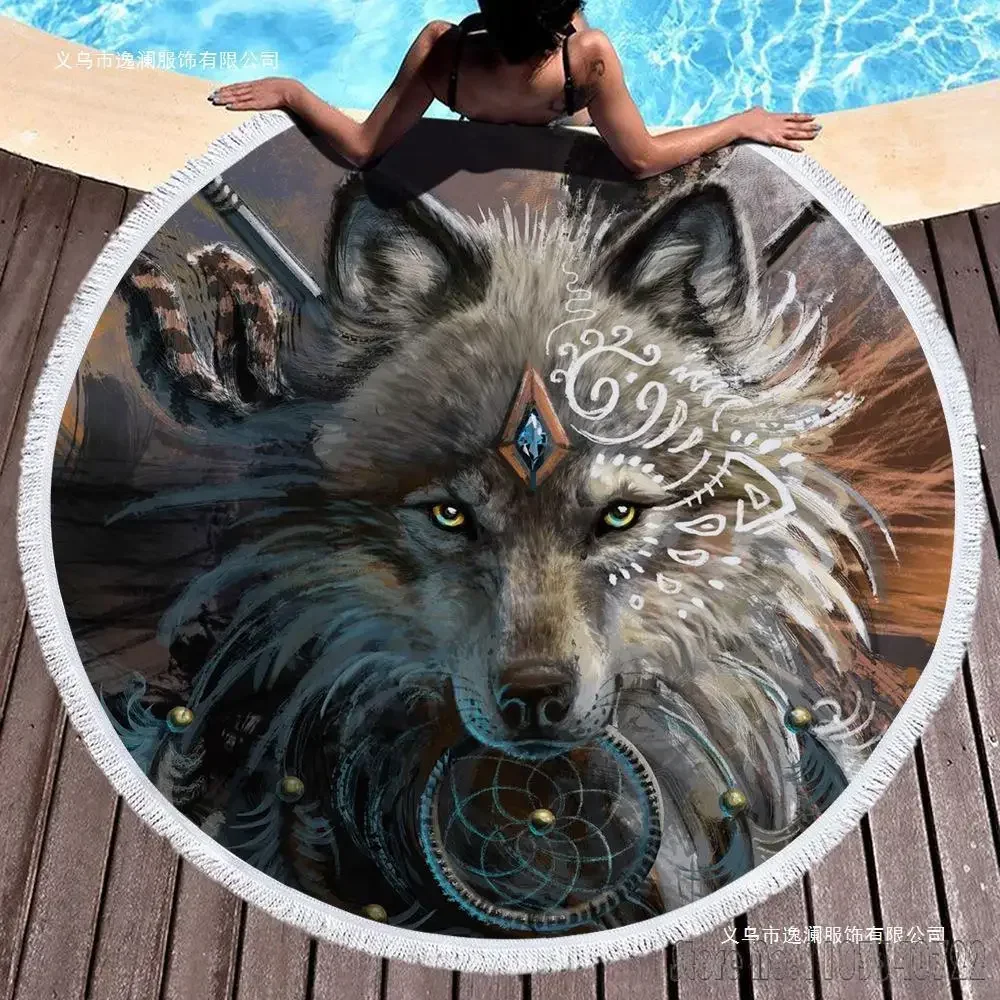 Various animals Wolf King Tiger Round 150cm Beach Towel Microfiber Children Kids Swimming Hawaii Bath Towel With Tassel