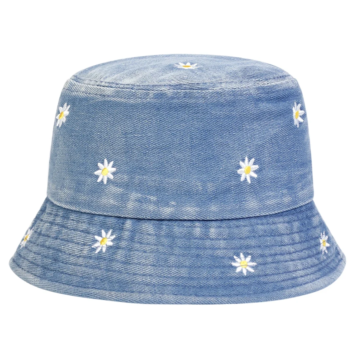 Unisex Daisy Embroidery Denim Bucket Hat Fisherman Cap Outdoor Casual Sunscreen Hat for Men Women