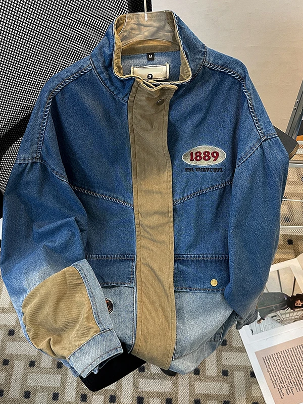 

Мужская джинсовая куртка свободного кроя из хлопка на весну-осень, модная, с вышивкой, в стиле пэчворк, с воротником-стойкой, рабочая одежда, стильная джинсовая куртка