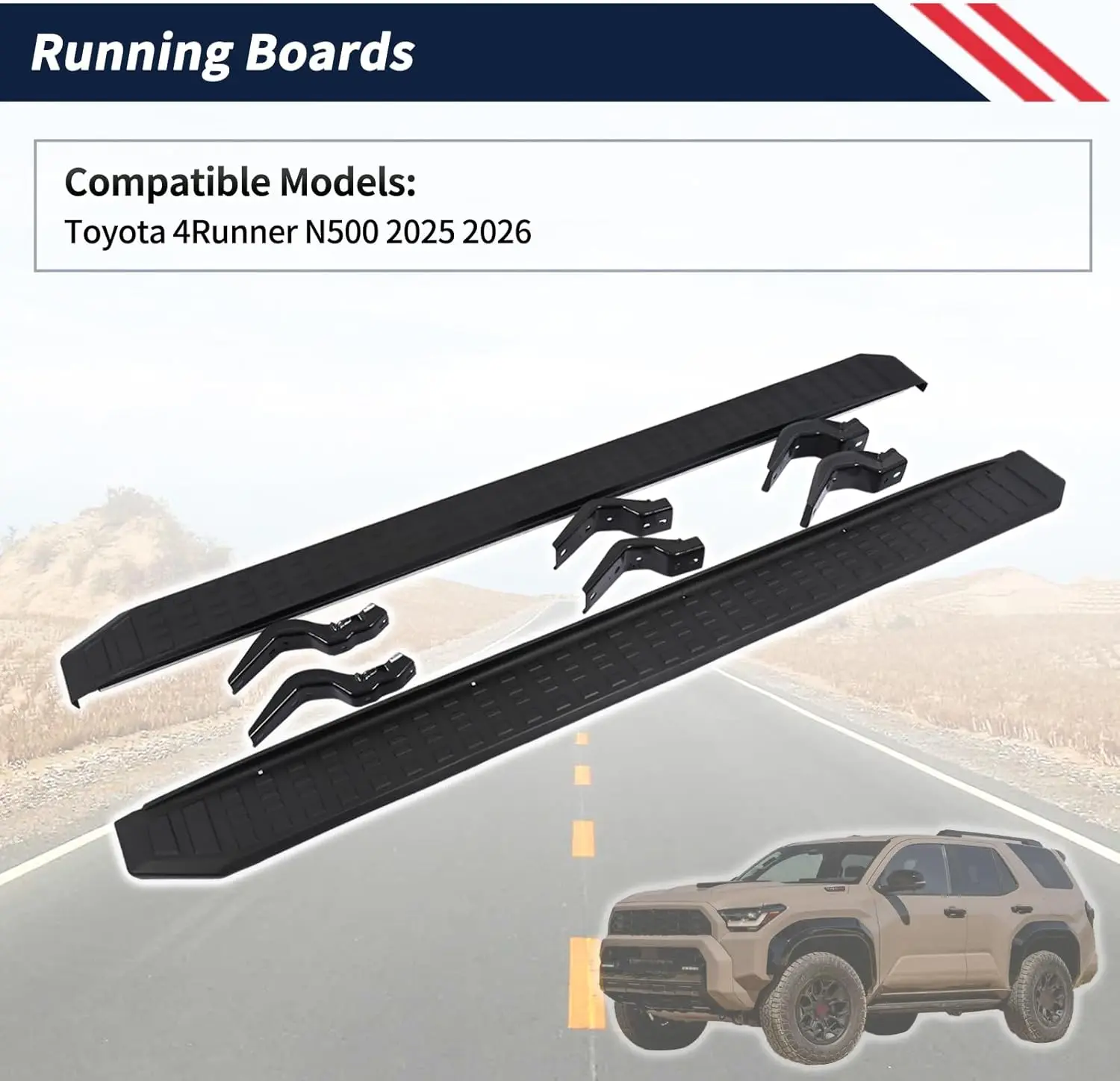 Running Boards for Toyota 4Runner N500, Aluminum & ABS Plastic, Black, Stylish Accessories for 2025-2026