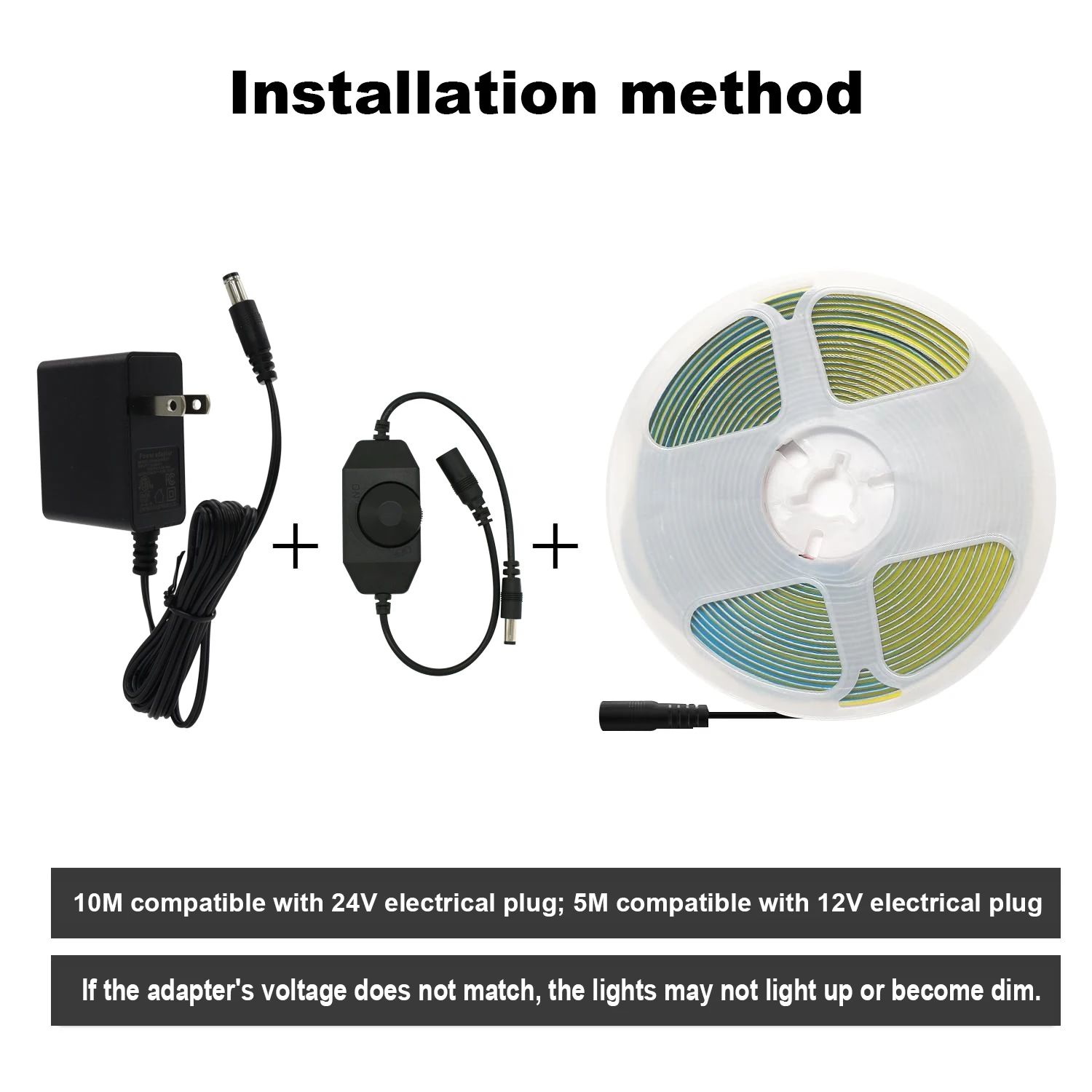1 Roll of Led Light Strip with Rotary Dimmer, 24V, Us Standard Plug, Cob Spot-Free Flexible Led Strip, Touch Rotary Switch, Adjustable Light Brightness, White Light/Neutral Light/Natural Light, Suitable for Cabinets, W