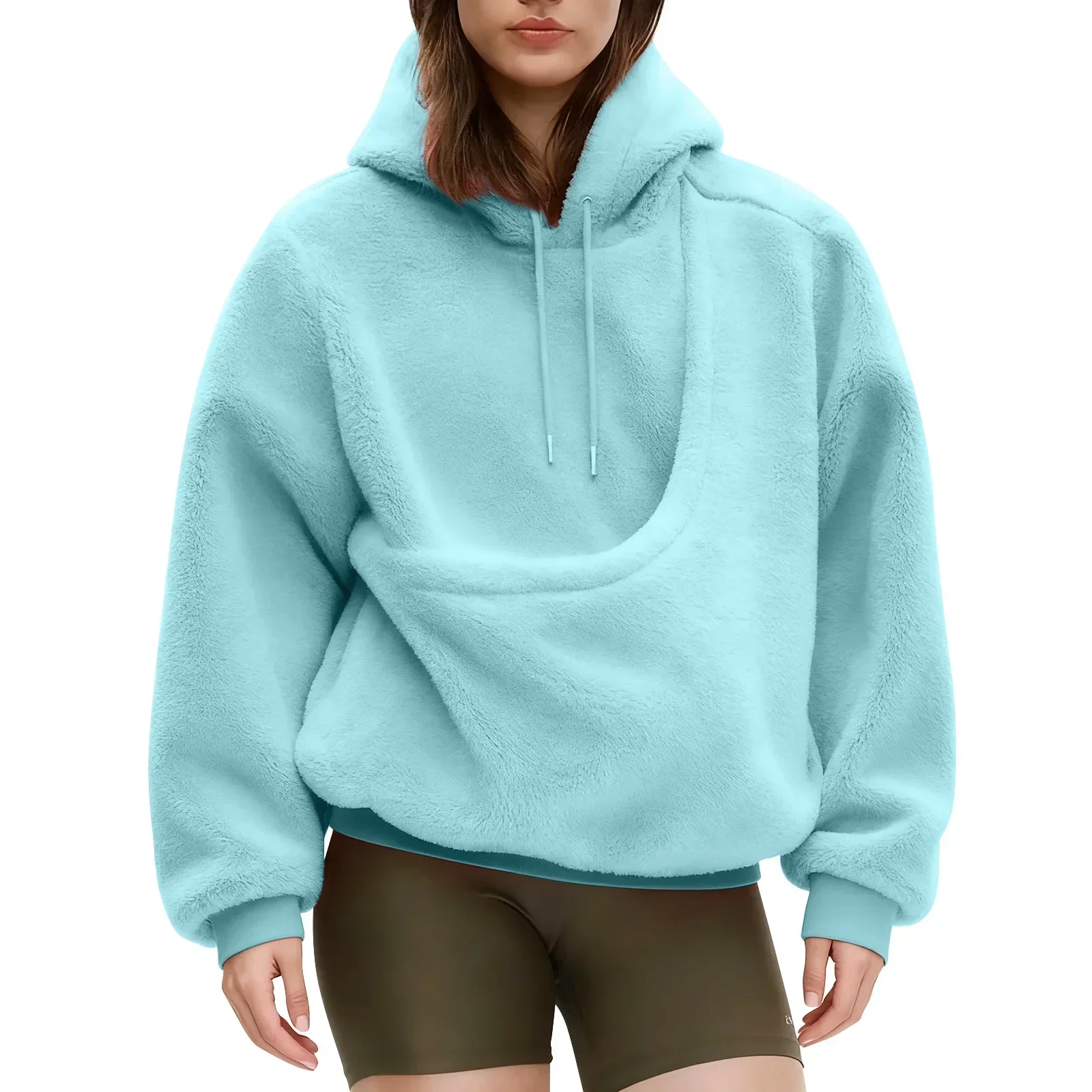 Women Solid Hooded Fleece Oversized Pullover Sweatshirt With Pet Pocket Autumn Winter Casual Top Ladies Cozy
