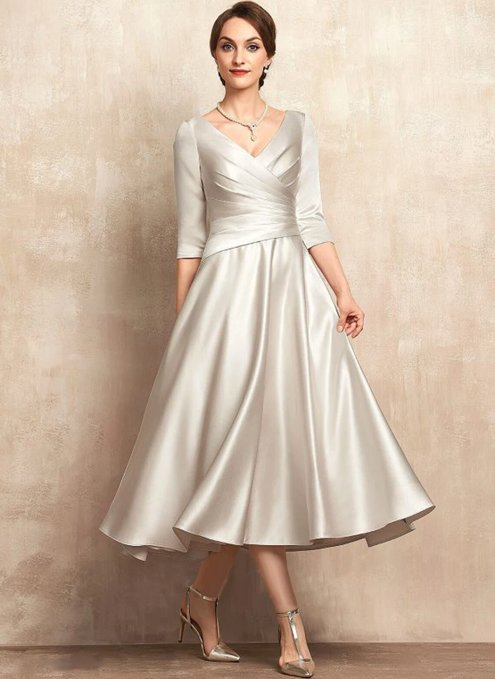 Elegante vestido de satén de línea A para madre de la novia, cuello en V, fruncido, plisado, Formal, de noche, manga 3/4, hasta el tobillo, para invitados de boda