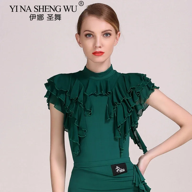 

Women's Latin Ballroom Dance Bodysuit High Neck Lotus Leaf Sleeve One-Piece Practice Performance Top for Adult Dancewear Elegant