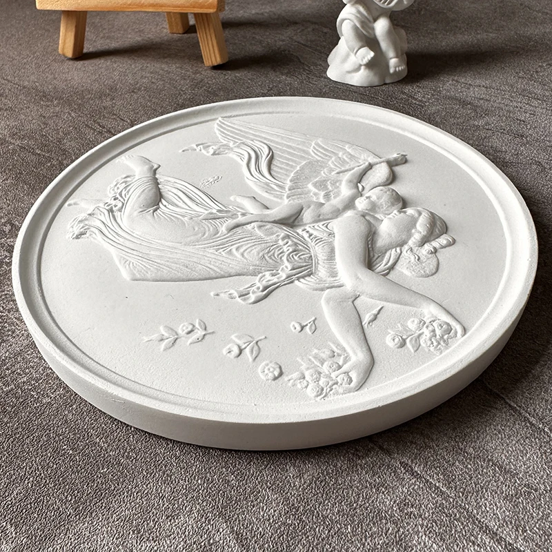 Angel Sculpture Relief Photography Photo Props Round Plate Ornaments European Retro Plaster Decorative Plate