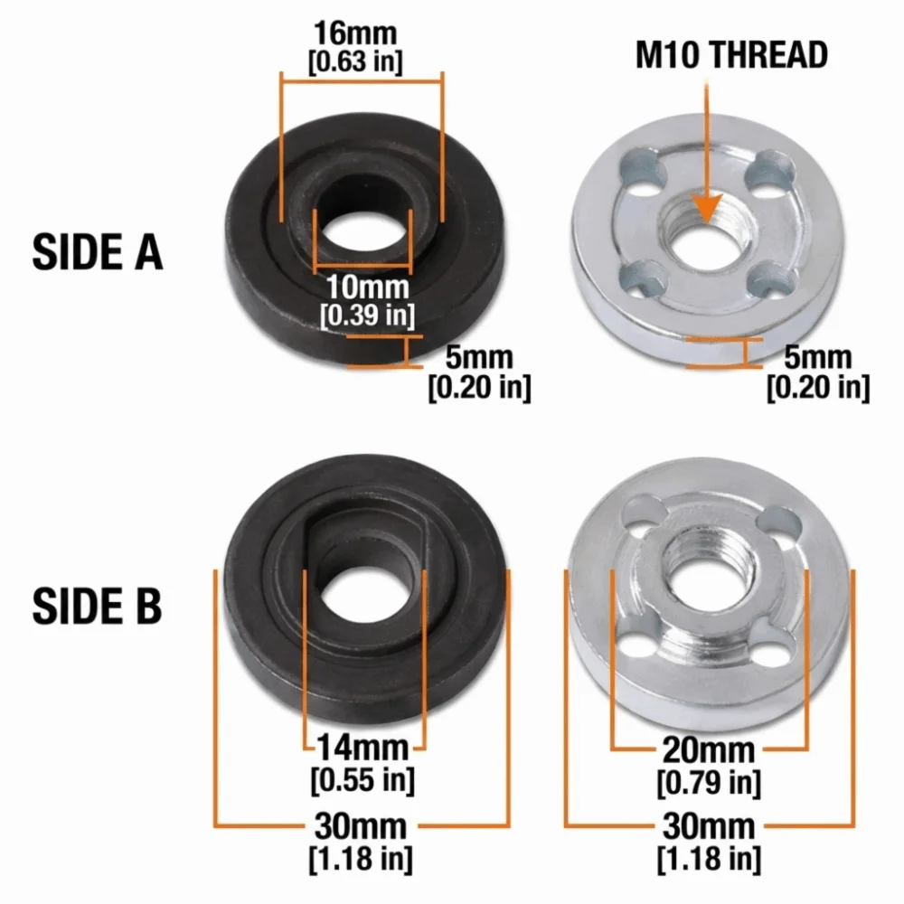 2 Pair Premium Steel Angle Grinder Flange Plated Surface Threadless Design Inner Outer Flanges Threaded Design Metal Lock Nut
