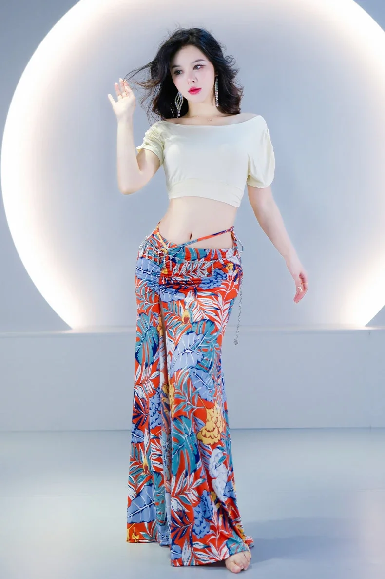 2 قطعة مجموعة النساء ملابس رقص البطن الرقص الشرقي بسط مشروط الزي فئة مجموعة الرقص بدلة تدريب الأزهار تنورة طويلة #4