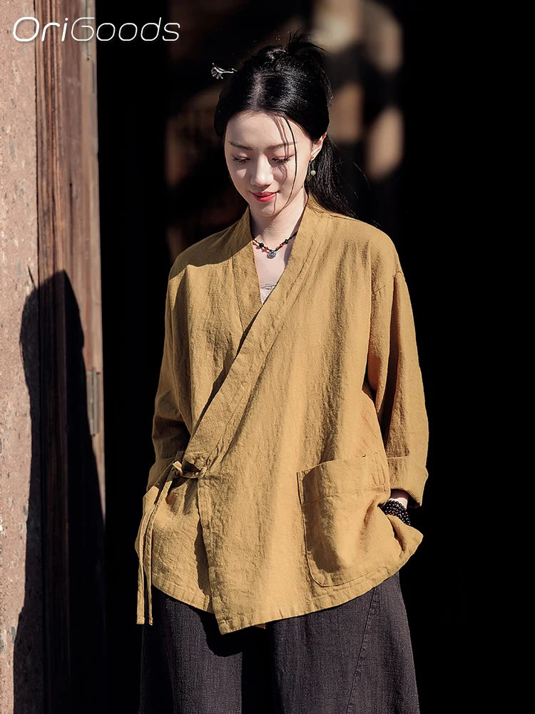 OriGoods Kimono Shirt Women Ramie Cotton Long Sleeve Kimono Cover Up Summer 2024 New Japanese Style Loose Tops Woman C051