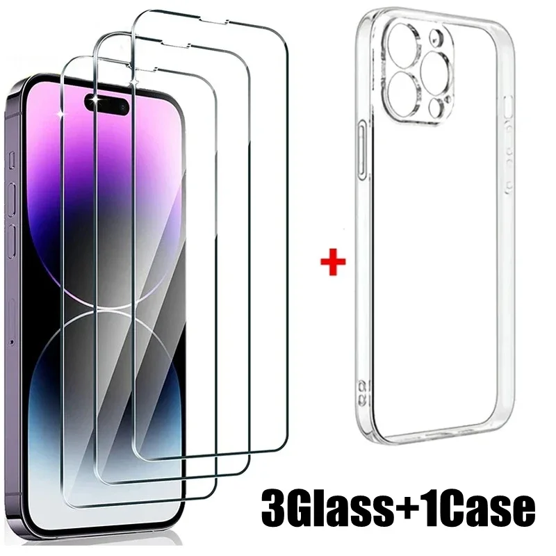 3PCS HD Tempered Glass+1PC Phone Case Set Meal For Iphone 13 12 11 16 Pro Max 14 15 Plus Screen Protector Protective Film