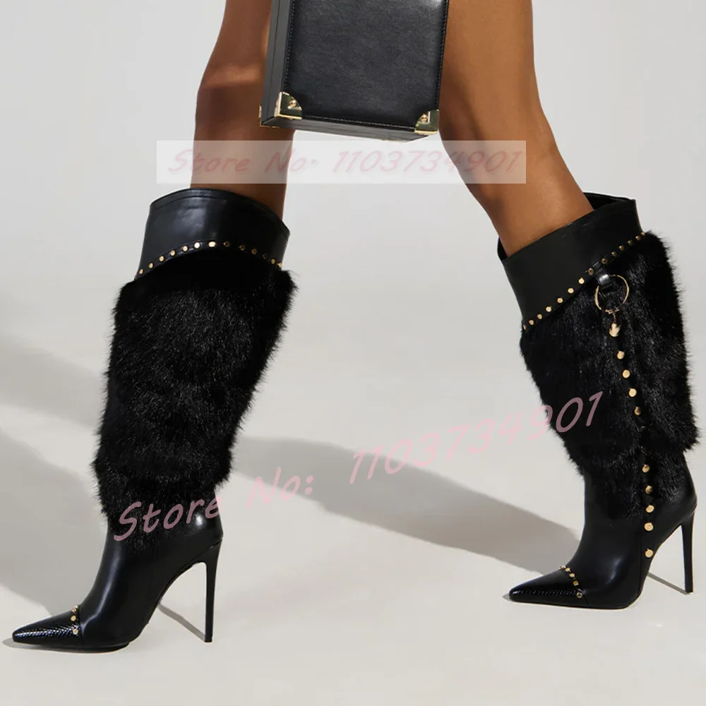 

Furry Rivets Knee High Boots Women Fashion Retro Pointy Toe High Heels Shoes Female Party Patent Leather Faux Fur Stiletto Boots