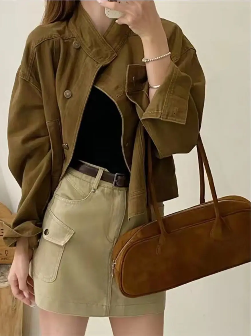 

Retro Coffee Color Denim ort Jaet Women's Spring Autumn New Loose Stand Collar Workwear Jaet Top Ladies Faion