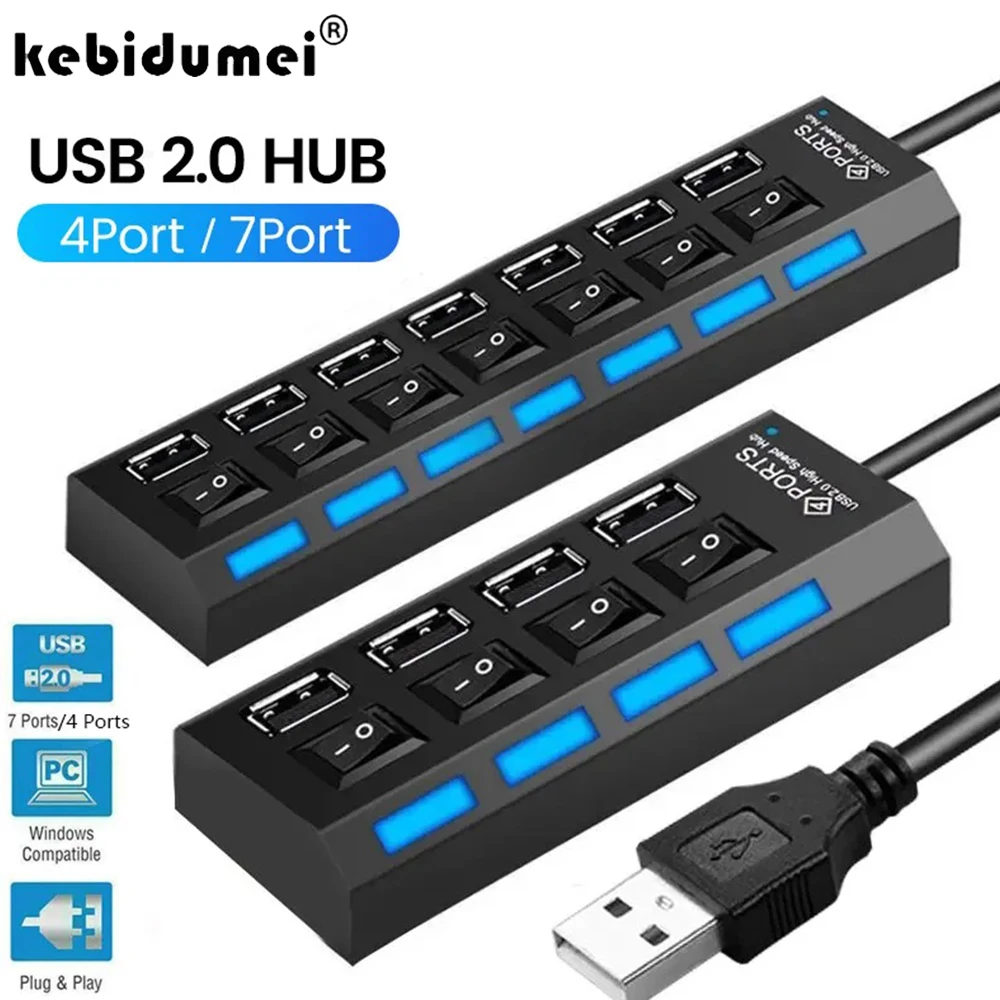 

USB-концентратор 2.0 Multiprise USB-высокоскоростной разветвитель 4/7-портовый концентратор Адаптер питания с переключателем Длинный кабель 30 см с несколькими расширителями-концентратором