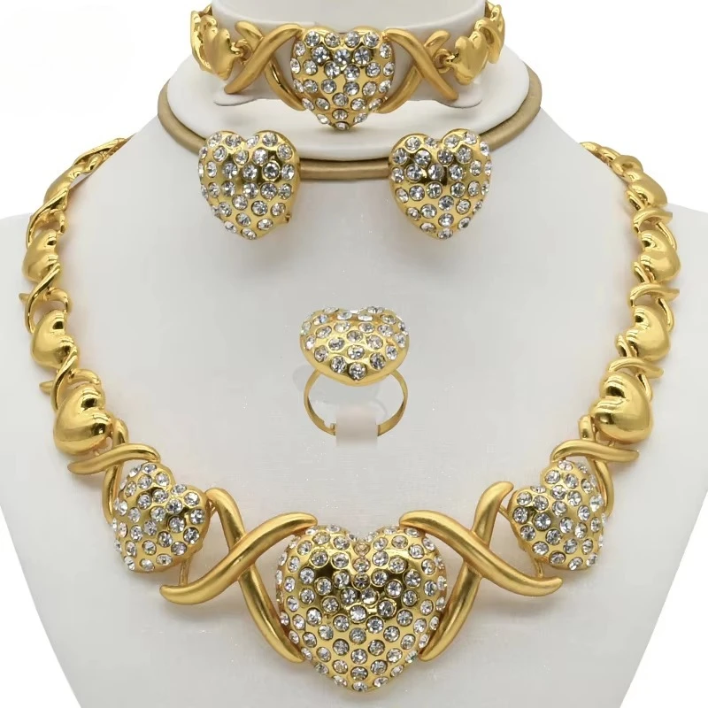 Indian Bride Heart Xoxo Jewelery Sets Plated Necklace Rings Bracelet Earring Set For Women Dubai Wedding Party Jewelry Trendy