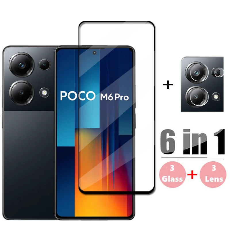 

Стекло с полным покрытием для Poco M6 Pro, закаленное стекло Poco M6 Pro, защита экрана, HD защитная пленка для объектива телефона Poco M6 Pro 4G, стекло