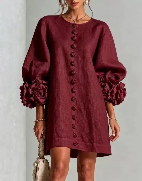 Damen Französisches 3D-Blumenkleid mit Laternenärmeln aus Baumwolle und Leinen, Rundhals, einreihig, locker geschnitten, kurzes Urlaubskleid für mollige Frauen – Detail 15