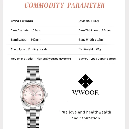 Imagen 2 del producto WWOOR, nueva moda, relojes de pulsera de cuarzo con esfera rosa para mujer, reloj de lujo para mujer, vestido informal resistente al agua, reloj femenino