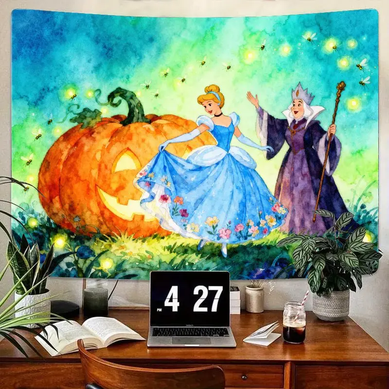 

1PC Princess Cinderella Fairy Godmother Tapestry, Magic Pumpkin Watercolor Wall Art for Girls Room, Fantasy Home Decor Gift