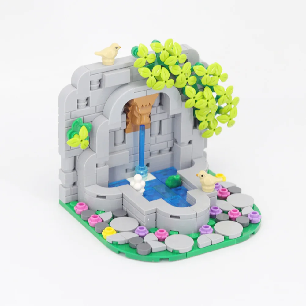 Creative MOC Small Particle Building Block Assembly Castle Pool Scene Medieval Architecture Fountain Toy Model Decoration