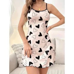 Heart Printed Casual Frill Trim Nightdress Sleepwear Women's Sexy Lingeire Round Neck Backless Slip Dress Comfortable Nightgown