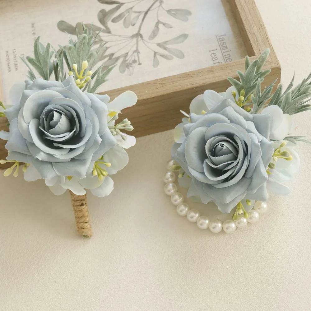 1PC Luxurious Light Blue Bohemian Artificial Rose Boutonnieres with Fresh Greenery Accents, Ideal for Groom, Groomsmen, Wedding