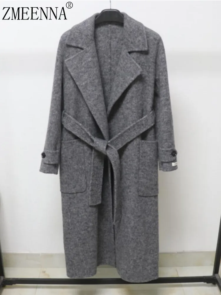 

ZMEENNA Elegant Women's Gray Wool Blend Long Coat With Classic Lapel Collar Belted Waist And Front Pockets Warm ZM3880