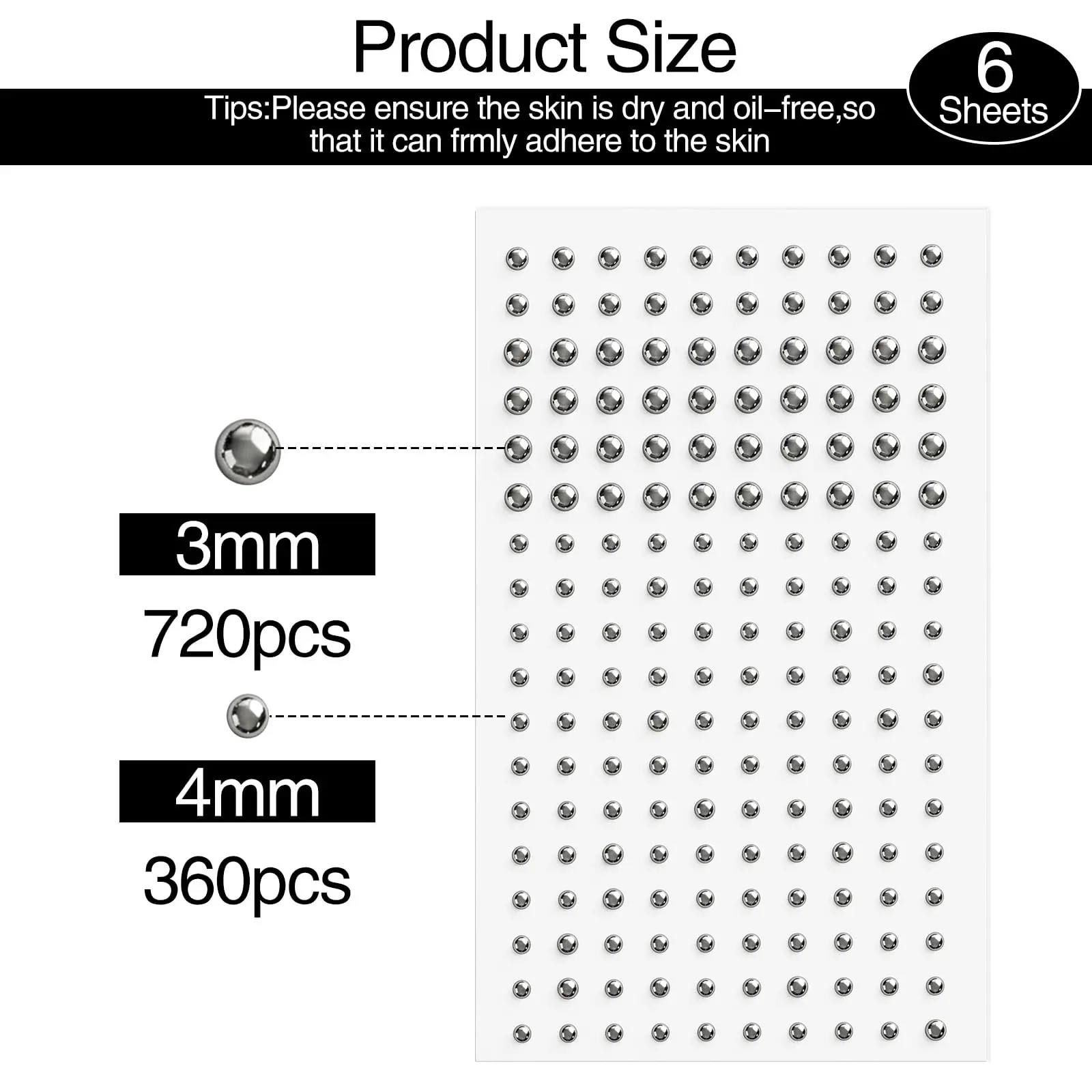 6 Sheet Fake Piercing Set With Tweezers Silver Face Gem Stick on Ear Nose Lip Stud | Self-Adhesive Faux Eyebrow Jewels Stickers