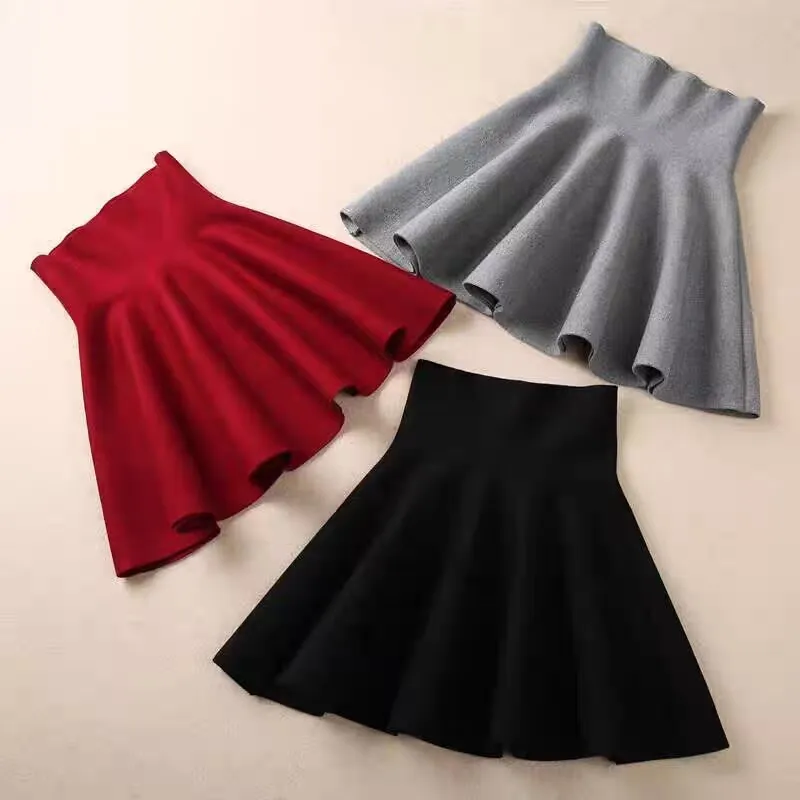 School Girls Knit Mini Skirt Black Children Elastic High Waist Pleated Skirt Autumn Winter Kids Half Dress Baby Girls Clothes