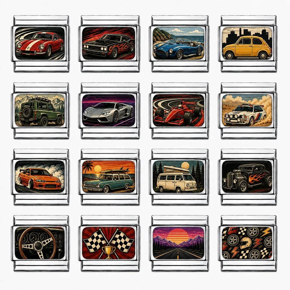 Race Car Charm Italian Links Retro Vehicle Fit 9mm Stainless Steel Jewelry DIY Making Trend Car Series Bracelet