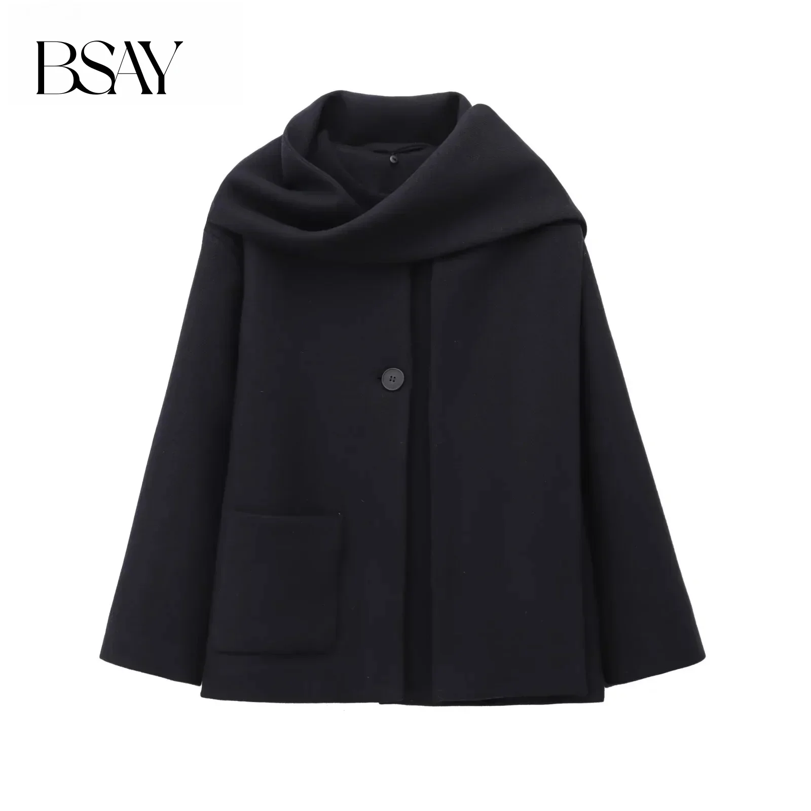 BSAY ブレンドコート レディース ファッション 秋冬新作 スカーフ付き ラウンドネック 長袖 シングルボタンコート シック レディース トップス 女性用