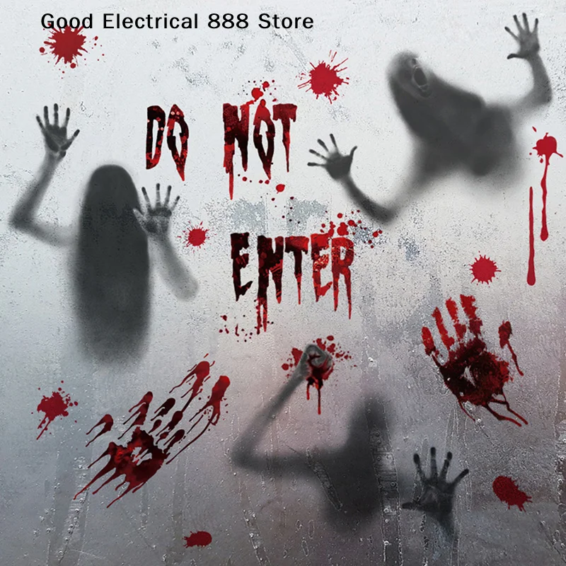 【G】Halloween Stickers Horror Blood Hand Print Door Stickers Window Bathroom Shadow Glass Female Ghost Wall Decal Halloween Decor - view 2