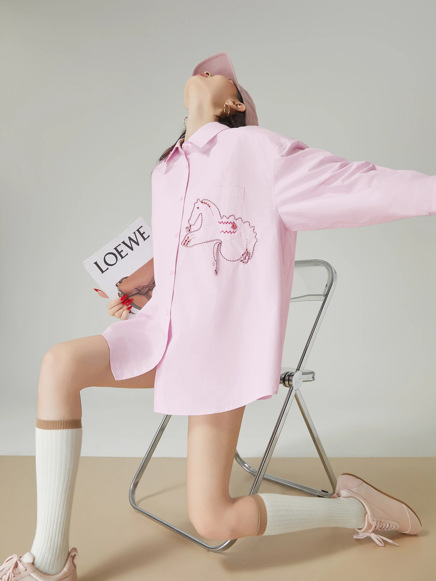 

Pink Long Sve Embroidered irt Women's Loose Silhouette Korean Sle Spring Summer New Faion High End Feeling Blouse Coat