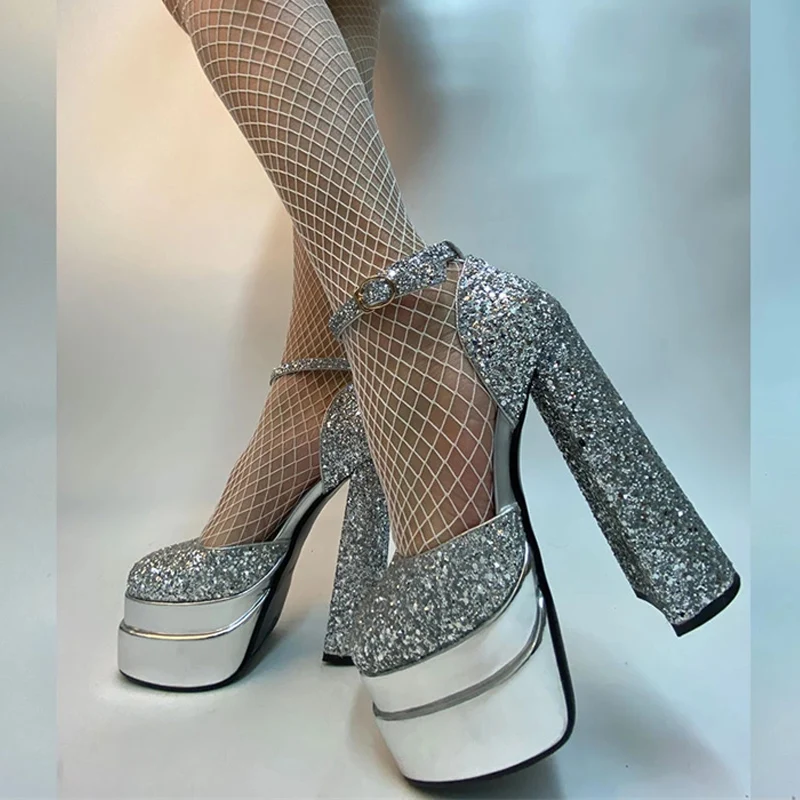 

2023 New Fashion Glitter Sequined Cloth Women Pumps Platform Chunky High Heels Sexy Party Wedding Banquet Shoes Size