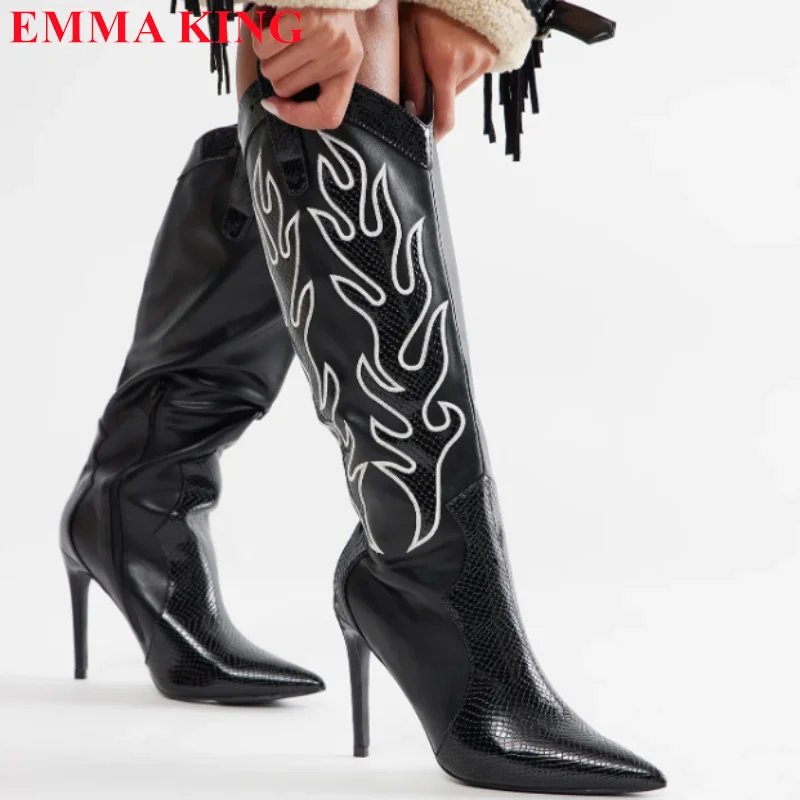 

Женские черные ковбойские сапоги с вышивкой, женские сапоги до колена в стиле вестерн с острым носком, женские туфли без шнуровки на шпильке для вечеринок 2024